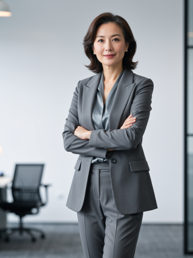 四十岁左右女性律师头像，穿职业套装，专业背景，光线柔和